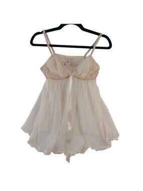 Victorias Secret Ivory Sheer Lace Babydoll Lingerie With Satin Ribbon Tie Size L